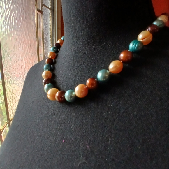 ππ18" Honora Genuine Pearl Necklace 8-10mm. Teal, Taupe & Brownππ - Picture 2 of 16